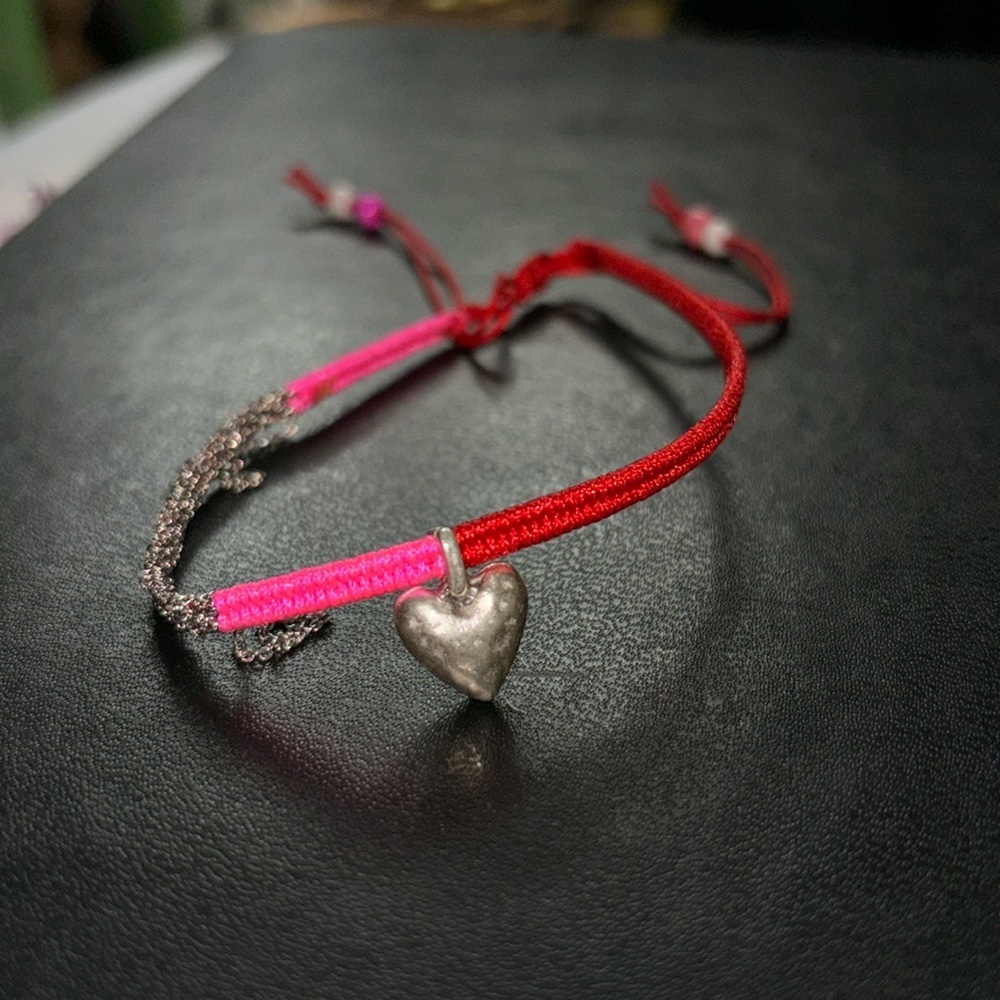 Surfer bracelet/ anklet in red and hot pink with silver heart